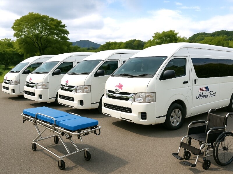 介護車両4台とストレッチャー、車いす