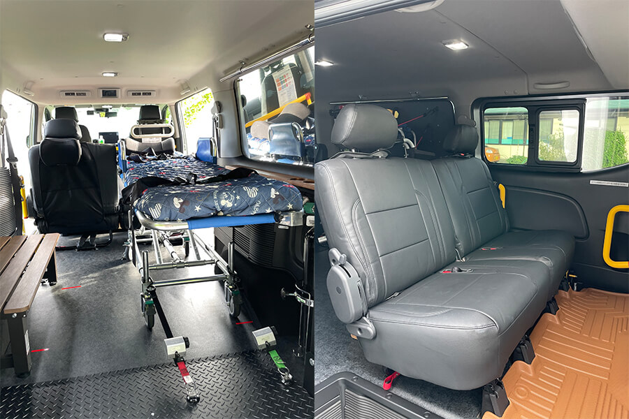 付き添いの座席とストレッチャー