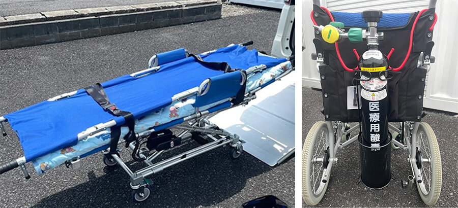 介護TAXI TAKAYAの電動ストレッチャーと車いすに積んだ医療用酸素