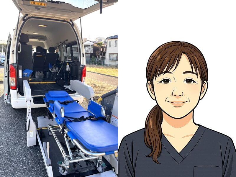 介護車両ハイエースストレッチャー乗降とドライバーイラスト